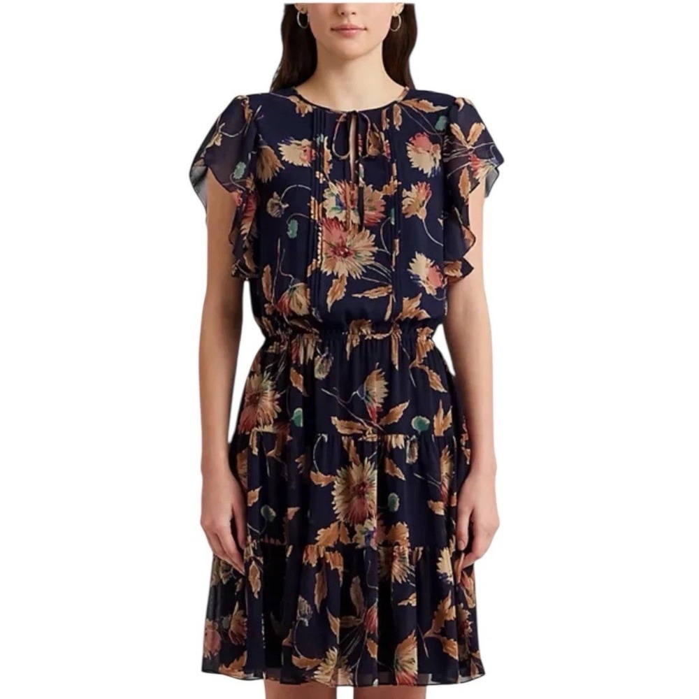 Lauren Ralph Lauren Floral Crinkle Georgette Tie Neck Dress Sz 4P Luxury Flirty